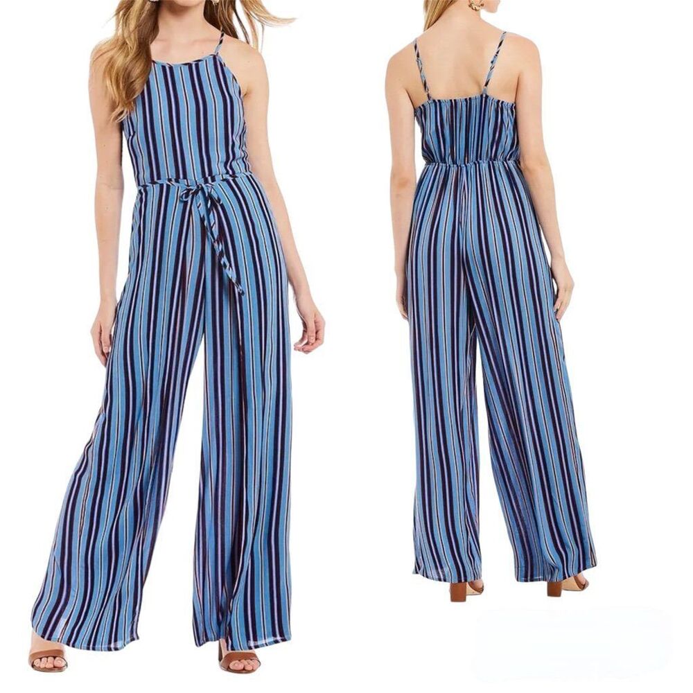 Band Of Gypsies Womens Large Blue Multicolor Striped Self-Tie Wide Leg Jumpsuit